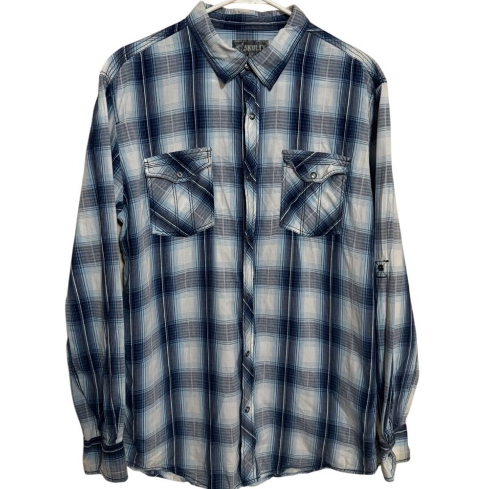 Skully Casual Button Snap Shirt Mens Large Western Flannel‎ Plaid blue Cowboy
